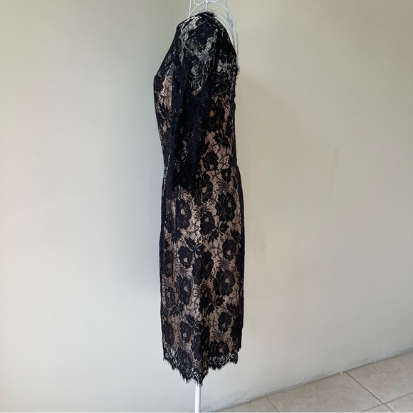 Milly Celia 3/4 Sleeve short Dress SZ 4 Black Lace Blush silk Lining Scallop Hem - Picture 5 of 11